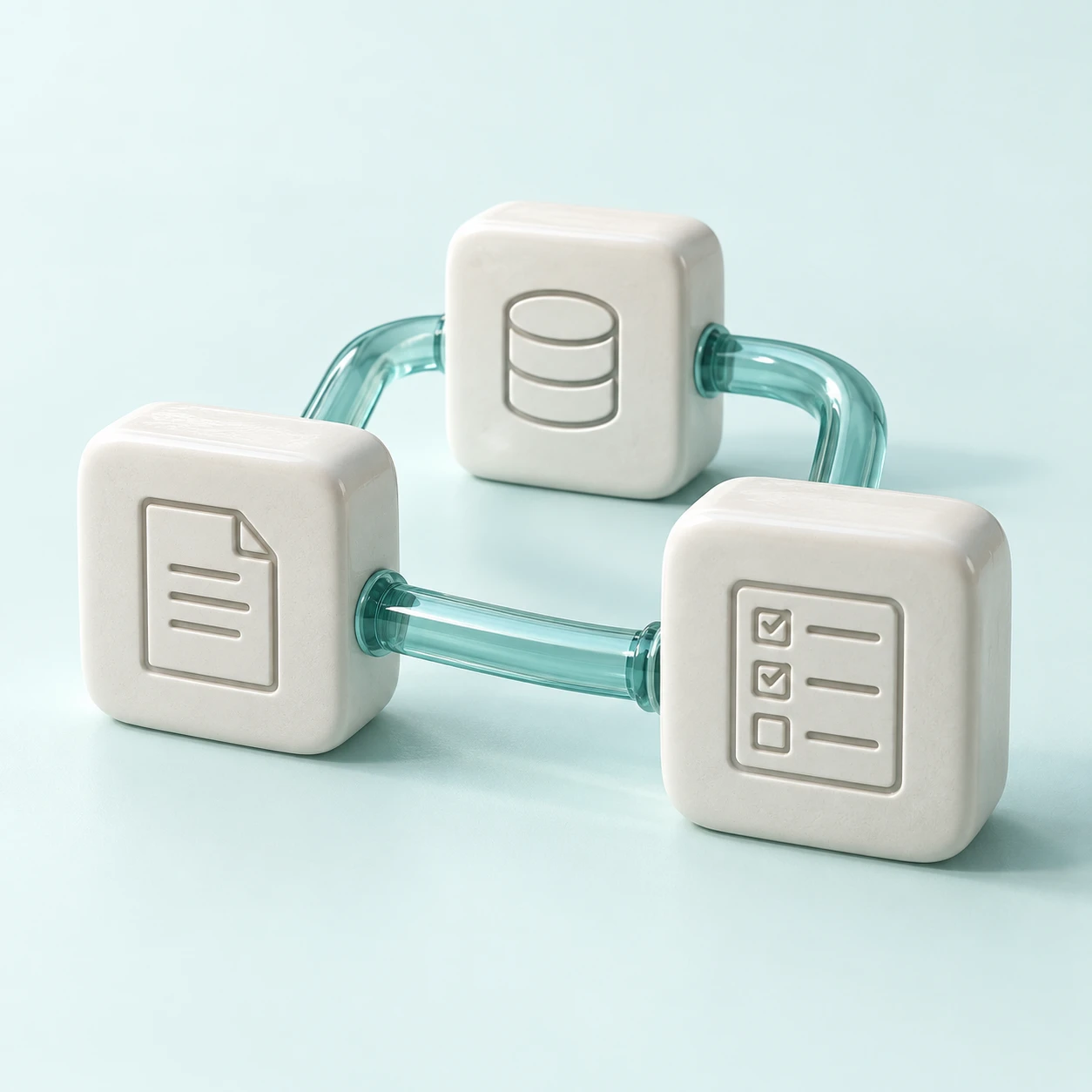 Three connected ivory system blocks representing a document, database and checklist