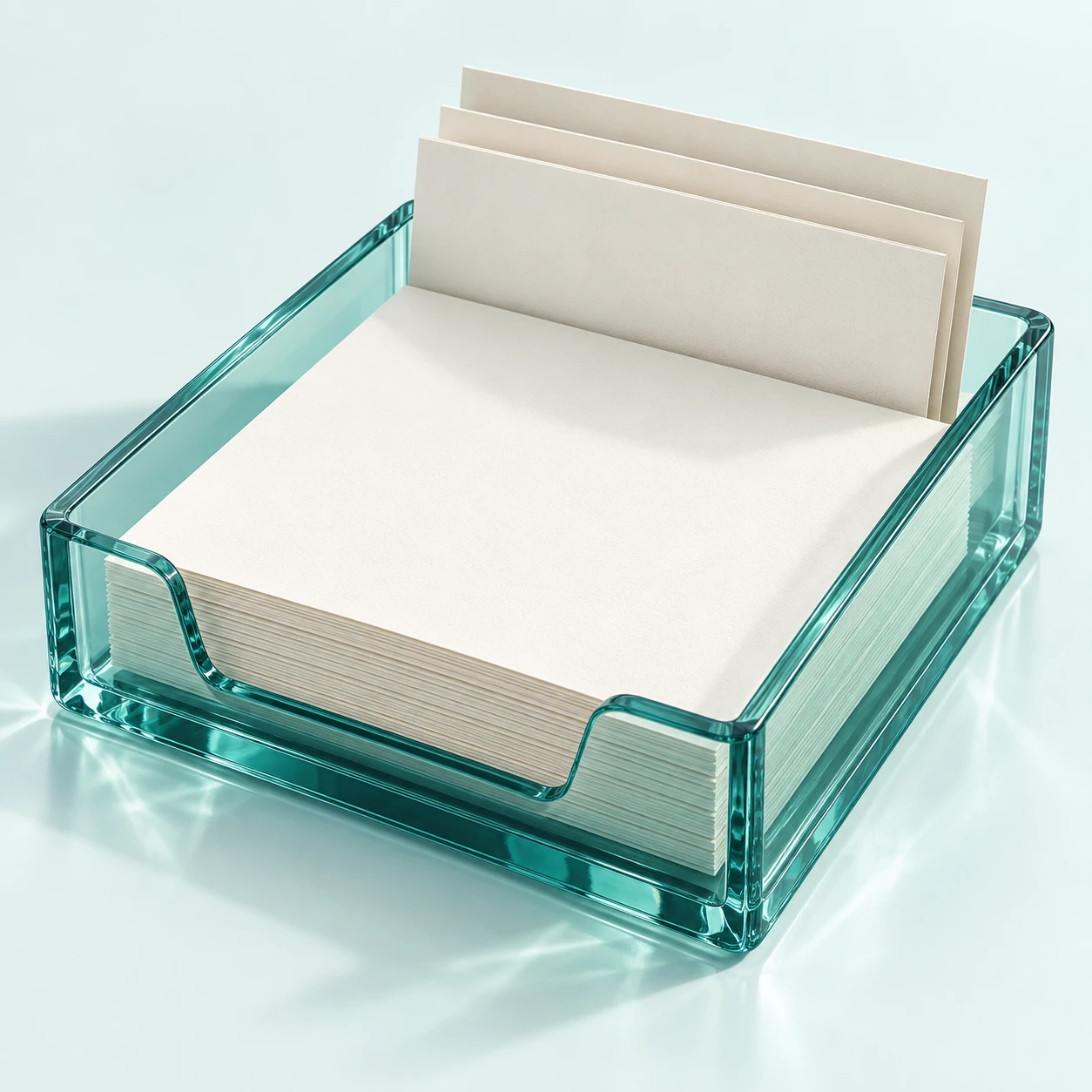 Ivory workflow cards organised in a transparent teal tray